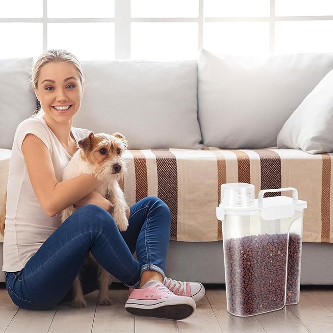 5Lbs Airtight Dog Cat Storage Container Portable with Upgraded Large Spout and Cup, Plastic Pet Food Dispenser for Small Animal Kibble, Bird Seed, Oatmeal, Rice, Flour, Brown Sugart-2 Pack White