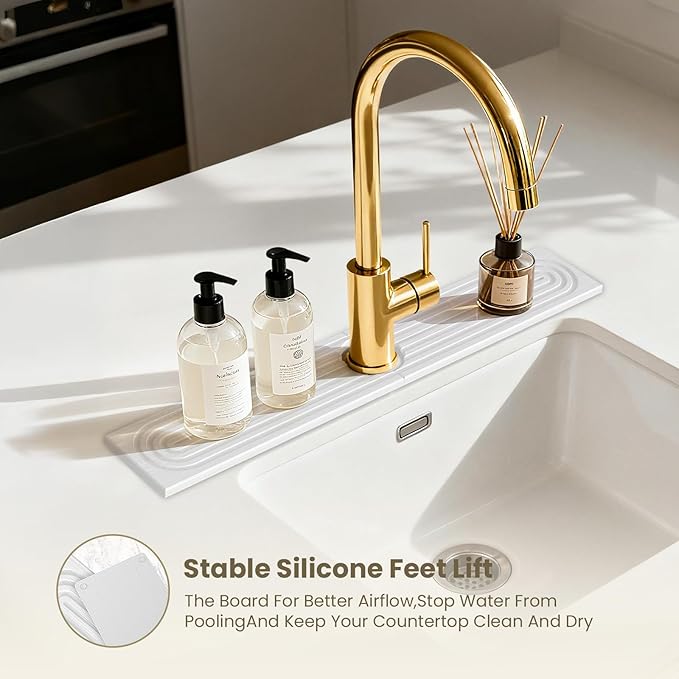 Faucet Mat for Kitchen Sink, Water Absorbent Kitchen Faucet Mat, Durable Sink Splash Guard with Raised Feet, Diatomite Fast Drying Kitchen Sink Faucet Mat, Bathroom Stone Drying Tray for Counter