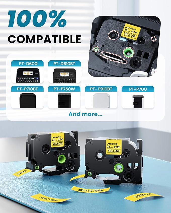 24mm Yellow Label Tape Replacement for Brother TZe-651 TZe651 P Touch Label Tape 1 Inch TZe TZ Tape 24mm 0.94 Laminated Yellow, Compatible with PT-D600 PT-D610BT PT-P700 PT-P710BT PT-T910BT, 4-Pack