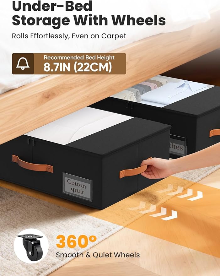 TOSKING Under Bed Storage with Wheels 2 Pack, 4 Vacuum Bags Included, 7.9" Rolling Underbed Bins, Durable Oxford Fabric, 80lbs Heavy Duty Drawer Organizer for Clothes, Shoes, Toys, Black
