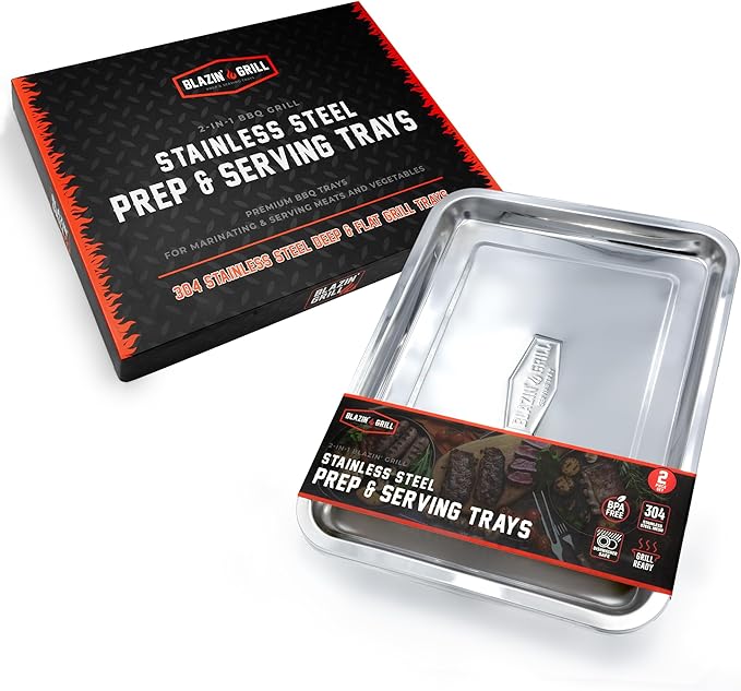 BLAZIN' GRILL Prep and Serving Trays | Set of 2 Stackable Stainless Steel Trays | Trays for Marinating, Serving & Chopping | Serving Platter for Plating Food & BBQ Prep Tub | Grilling Accessories