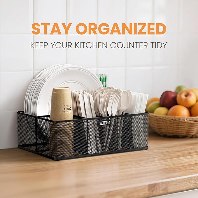 NUTUNI Paper Plate Organizer for Countertop, Metal Silverware Caddy for Plastic Spoon, Napkin, Utensils Holder with 6 Compartments for Party, Camping, Picnic, BBQ