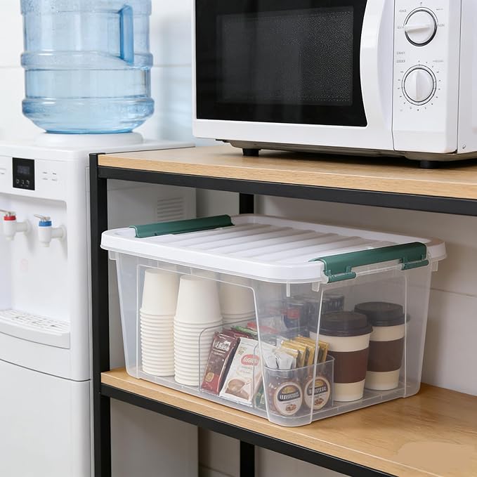 4-Pack Latching Box, Storage Bins with Lids, Clear Plastic, 20 Quart, Heavy-Duty Organizing Containers for Closet, Bathroom, and Office