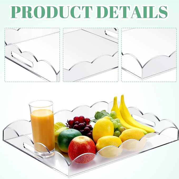 Tiangrid 2 Pack 16 x 12 Acrylic Clear Serving Trays with Handles, Scalloped Acrylic Decorative Tray Organiser for Display Food Ottoman Coffee Tables Kitchen Countertop Bathroom Makeup