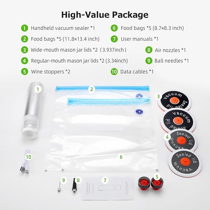 INKBIRD Sous Vide Vacuum Sealer Set - 10PCS Reusable Sous Vide Bags with Air Valve, Hand Vacuum Sealer Pump with Reusable Vacuum Sealer Bags for Anova, Joule Cookers, BPA Free Sous Vide Cooking Kit