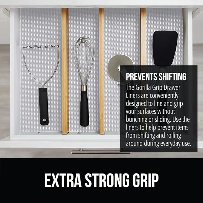 GORILLA GRIP powerGRIP Drawer Shelf and Cabinet Liner, Thick Strong Hold, Non-Adhesive Liners Protect Kitchen Cabinets and Cupboard, Bathroom Drawers, Easy Install, Breathable Mat, 20" x30' Light Gray
