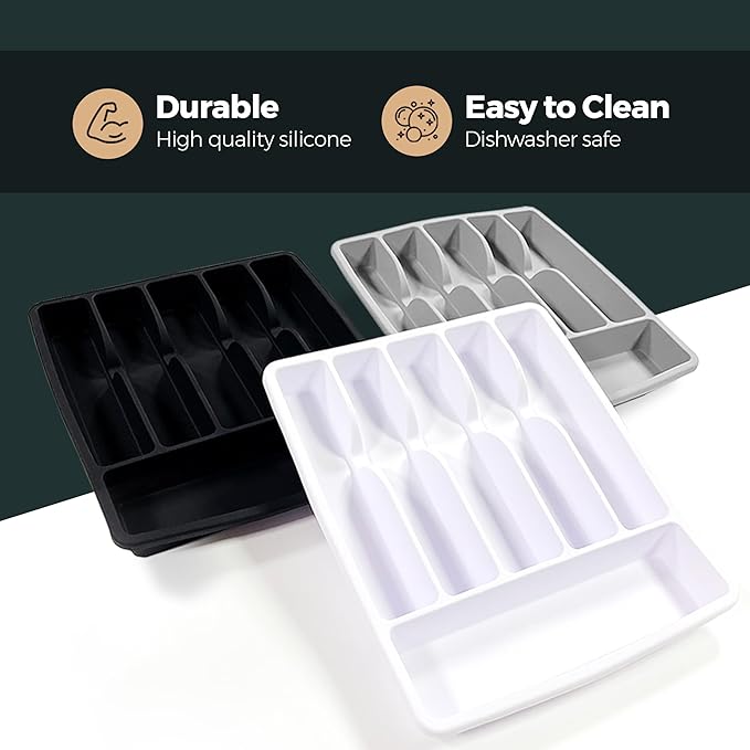 Pantrymade Silicone Silverware Drawer Organizer – Non-Slip Utensil Holder for Kitchen Drawers | Cutlery Tray for Forks, Knives, Spoons & More | Durable, BPA-Free, Easy to Clean – Gray