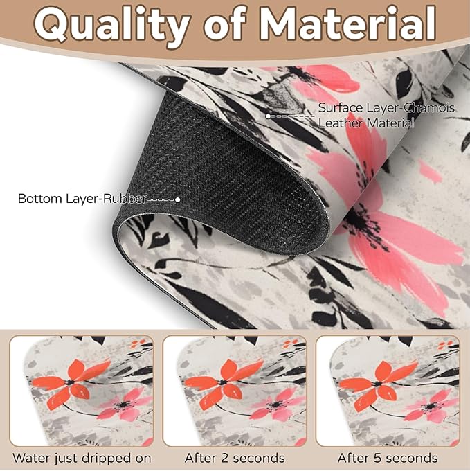 Gray Background Floral Kitchen Faucet Mat Splash Guard, 15.4”x5.7” Absorbent Quick Drying Sink Mat for Countertop Protection, Draining Mat Sink Protectors For Kitchen Bathroom, 1 Pack
