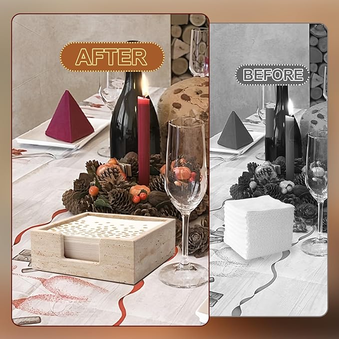Shonmogar Luncheon Napkin Holder,Travertine Stone Napkin Holders Fit for 6.5”x6.5” Luncheon-Sized Napkins,Stone Napkin Holder for Table Kitchen Counter Dining Room Party Bar Decor,Beige