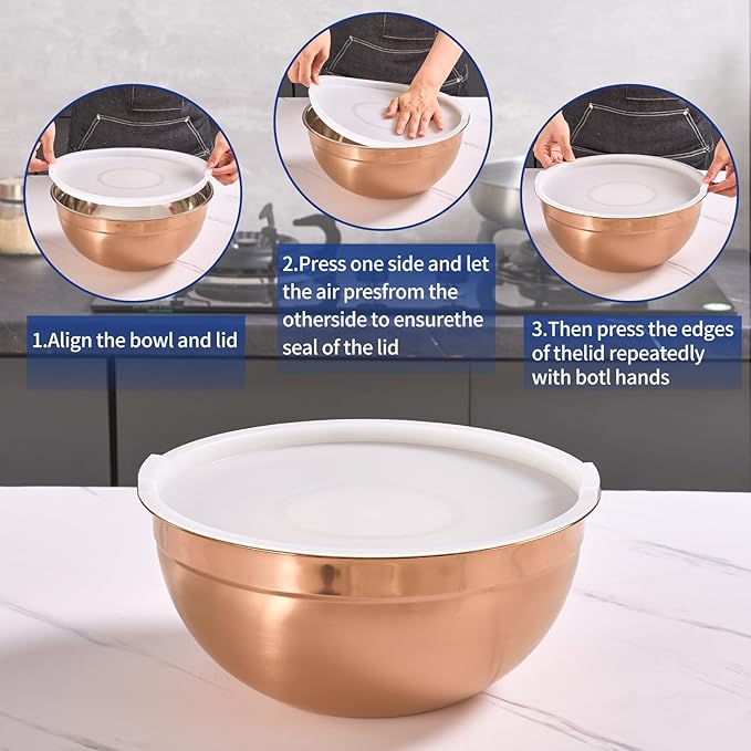 Moxinox Rose Gold Mixing Bowls with Airtight Lids, Stainless Steel Nesting Mixing Bowls Set of 5, Ideal for Baking, Prepping and Serving Food, Size 5.5, 3.6, 2.7, 2.1, 1.5, QT, Stackable Design