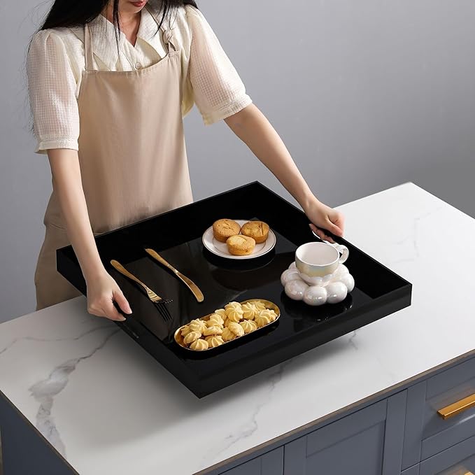 BEYLANG Glossy Black Sturdy Acrylic Serving Tray with Handles-24x24Inch-Serving Coffee,Appetizer,Breakfast,Butler-Kitchen Countertop Tray-Makeup Drawer Organizer-Vanity Table,Ottoman Tray-Decorative