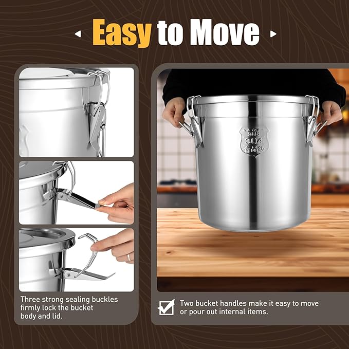 Stainless Steel Airtight Canister for Kitchen, 33L/8.7Gal Metal Food Storage Container Flour Bucket with Lid & Clamps, Bean Rice Cereal Canister Holder for Kitchen Restaurant, D15*H14.2in