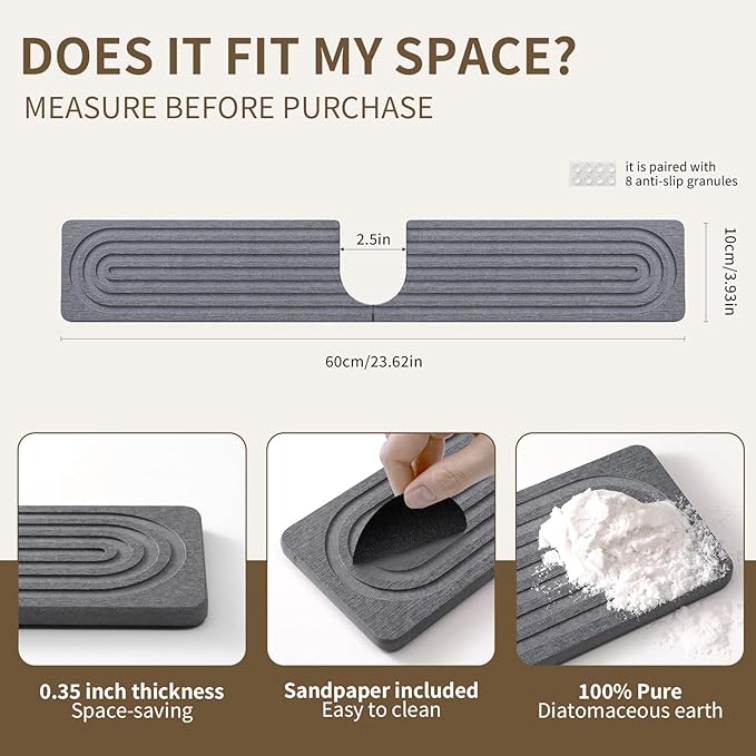 Faucet Mat for Kitchen Sink, Diatomite Stone Drying Sink Protectors, Bathroom Faucet Splash Guard, Quick Dry Water Absorbing, Non-Slip Stone Tray for Kitchen Counter, Grey, 23.6" x 3.9"