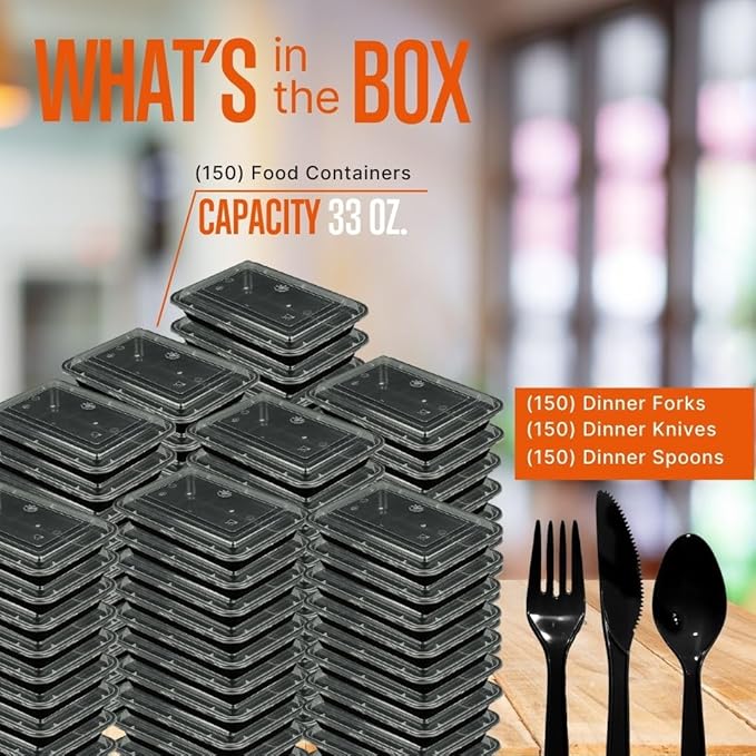 SQUATZ 150 Meal Prep Containers with Lids - 33oz, Microwave Safe, Reusable Food Storage, Freezer Safe, Leak-Free, Stackable Lunch Container, BPA Free, Includes 150(Forks, Knives, Spoons EACH)