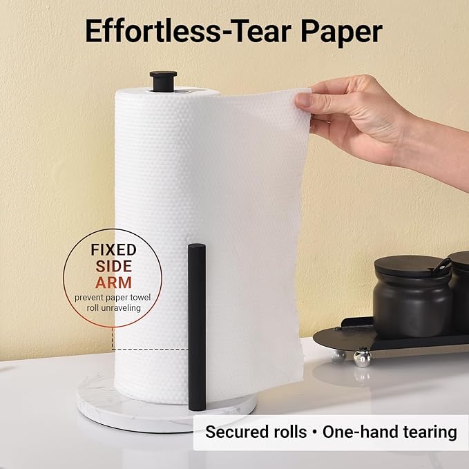 Hoooh Matte Black Paper Towel Holder Countertop with Non-Slip Marble Base - Rust-Resistant Stainless Steel, Freestanding for Kitchen Organization