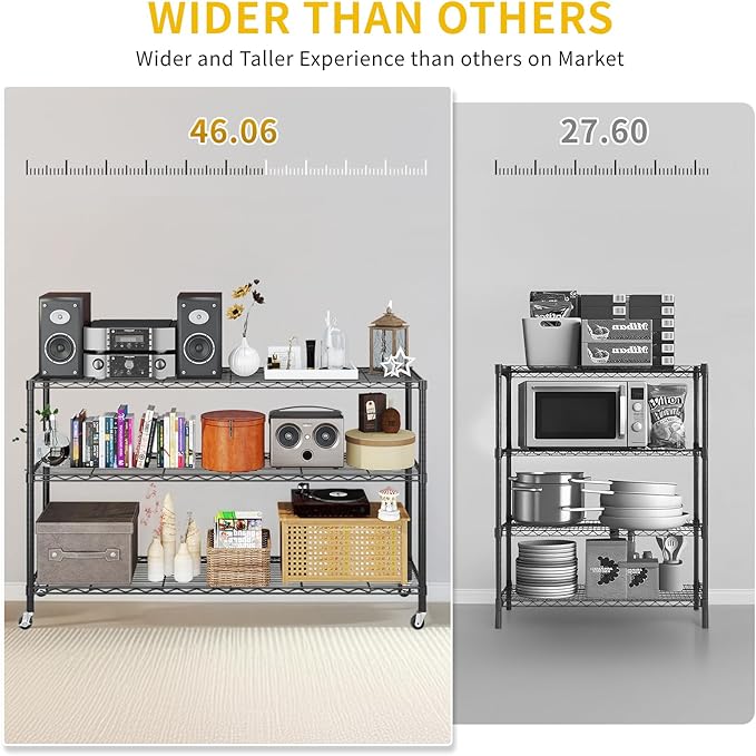 VINGLI 3 Tier Metal Storage Shelves 41''H Wire Shelving with Wheels for Storage Adjustable Heavy Duty Garage Shelving Storage Racks for Pantry Shelves Kitchen Office Garage, 41''H X46''W X17''D