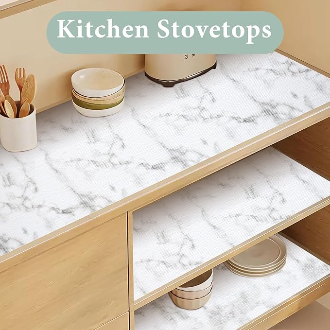 Drawer and Shelf Liner for Kitchen Cabinet: 17 in X 30 Ft Non Slip Waterproof Shelf Paper Non Adhesive Refrigerator Liners White Marble Easy Liners for Bathroom with Knife Tape Measure