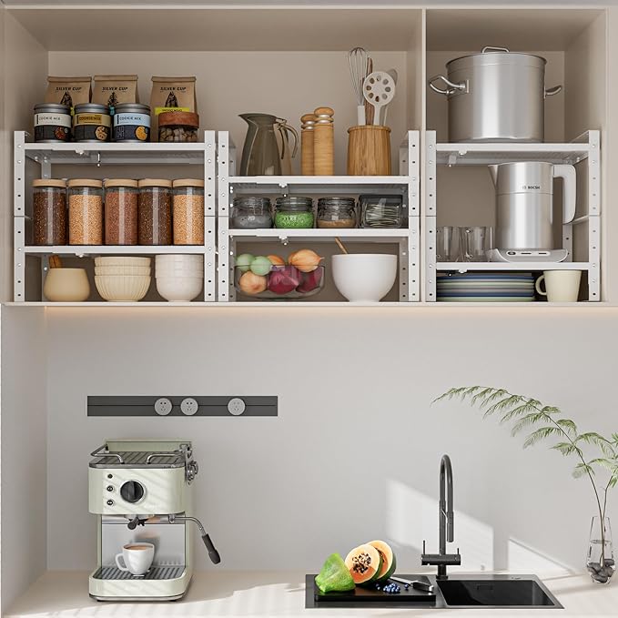 Wobmmi Expandable,Adjustable & Stackable Spice Rack, Cabinet Kitchen Countertop Shelf Organizer,Metal Pantry Storage Shelves - Space-Saving Storage Solution(1Pack/White/Medium)