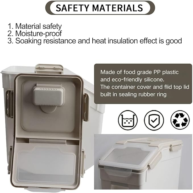 50 lb Flour Storage Container, 2 Pack Rice Storage Container with Measuring Cup/Wheels Seal Locking Lid for Flour, Rice, Grain, Cereal, Dry Food Dispenser Organizer Storage Bin (Grey)
