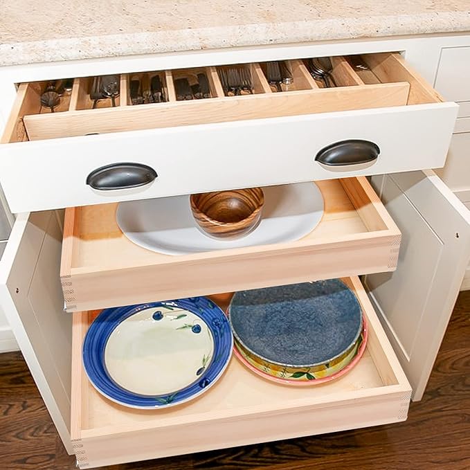 Mulush 28”W x 21”D x 3”H Soft Close Slide Out Wood Drawer Organizer for Kitchen, (Cabinet Opening>29.5 inches for Bottom Assembly, Width= 29 inches for Side Assembly)