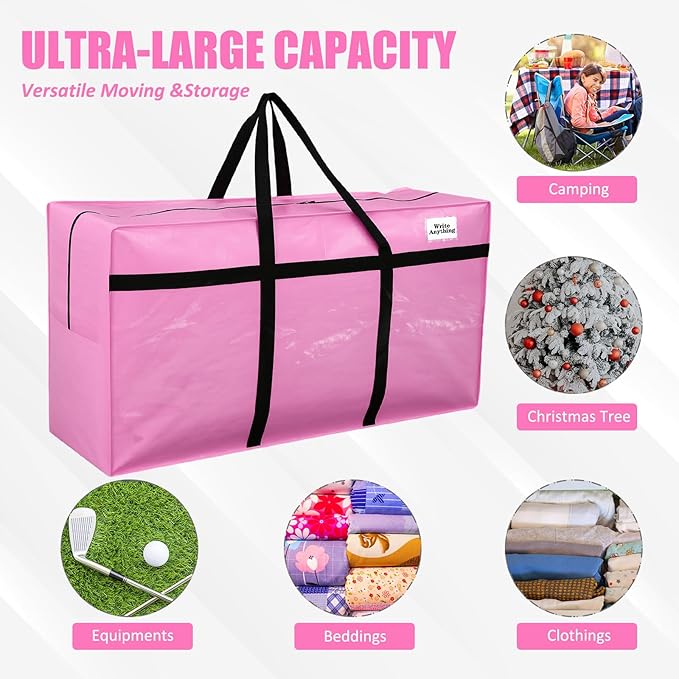 Windyun 4 Pack 69 Gallon Extra Large Moving Bags XXL Heavy Duty Storage Bag with Strong Zipper Handle Jumbo Big Tote Box Foldable for College Dorm Travel Clothes Duffle Blanket Pillow(Pink)
