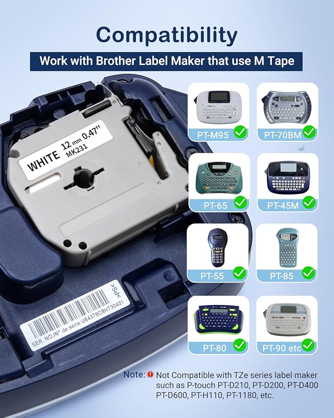 M-K231 PTM95 MK231 Label Tape Compatible with M-K231s Brother M Tape 12mm 0.47 White P Touch M231 M-231 Work for Brother PT-M95 PT-65 PT-45 PT-80 PT-70 PT-90 Label Maker Refills, 4 Pack