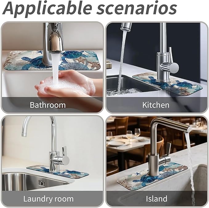 Kitchen Sink Splash Guard，blue turtles,ocean Faucet Mat Sink Gadgets-Super Absorbent Fast Drying Mat Drip Catcher for Kitchen, Bathroom,Sink Mat, Dish Drying Mat, Bathroom(15" X 5.5" )