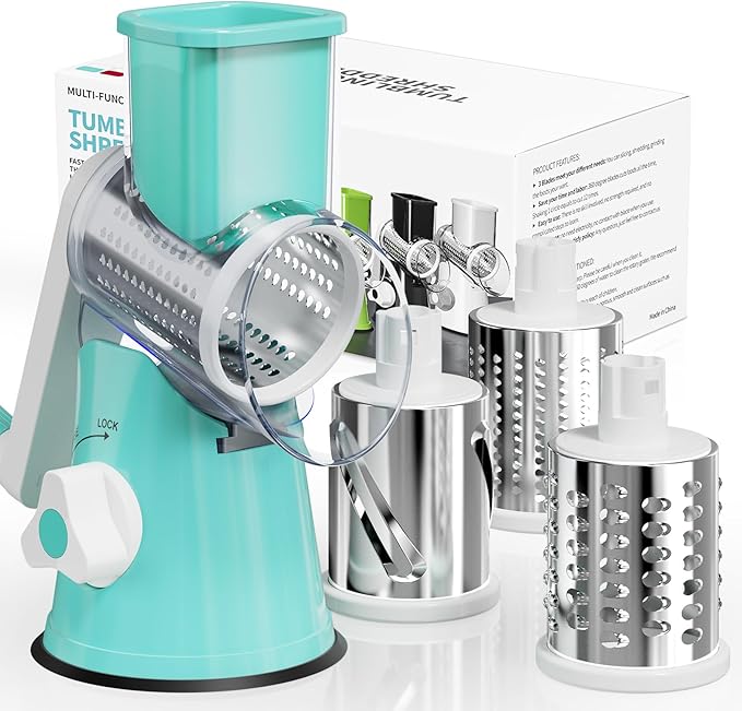 Nexsujo Rotary Cheese Grater Hand Crank, 3 Blades Slicer Shredder, Cheese Grater for Kitchen, Multi-Functional Kitchen Tool for Vegetables, Nuts, Chocolate, with Strong Suction Base, Blue