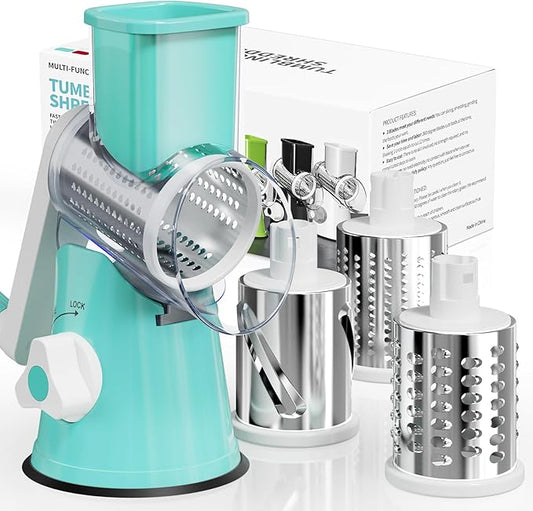 Nexsujo Rotary Cheese Grater Hand Crank, 3 Blades Slicer Shredder, Cheese Grater for Kitchen, Multi-Functional Kitchen Tool for Vegetables, Nuts, Chocolate, with Strong Suction Base, Blue