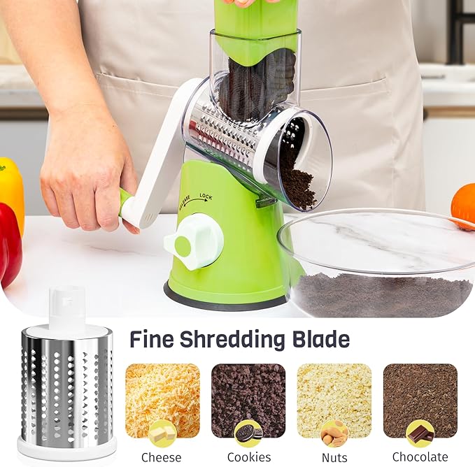 Nexsujo Rotary Cheese Grater Hand Crank, 3 Blades Slicer Shredder, Cheese Grater for Kitchen, Multi-Functional Kitchen Tool for Vegetables, Nuts, Chocolate, with Strong Suction Base, Green