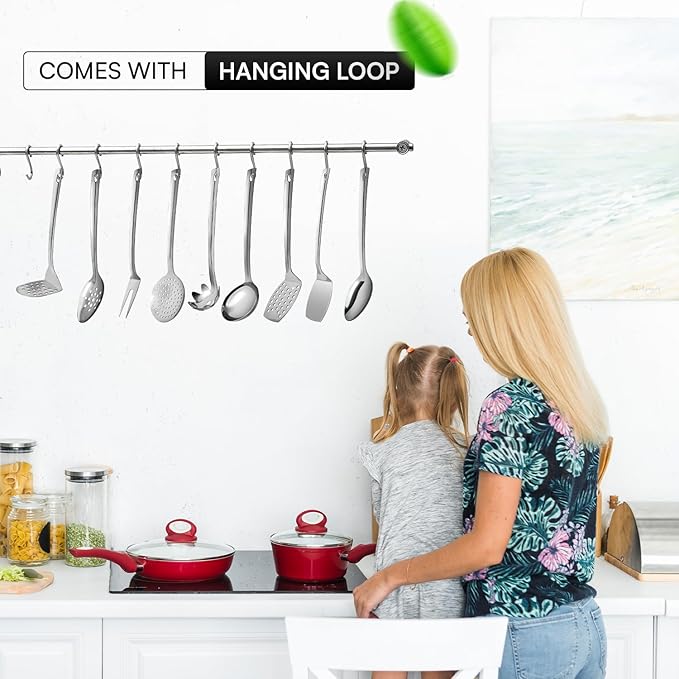 9 Pcs Premium Stainless Steel Kitchen Cooking Utensils Set Metal Cooking Utensils Tools Nonstick Heat Resistant -Ladle, Slotted Spoons, Slotted Turners, Masher, Fork, Skimmer, Spaghetti Server 13"