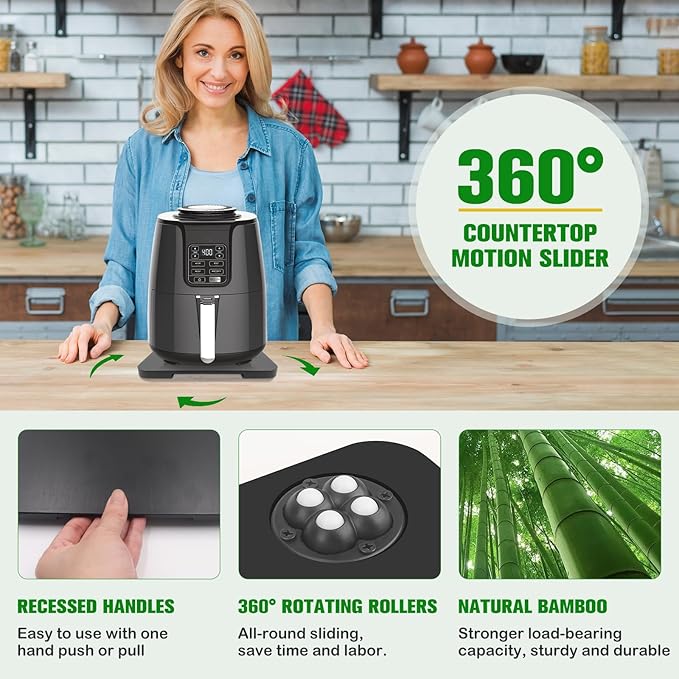 Appliance Slider 360° Rolling Tray for Coffee Maker Bamboo Coffee Pot Slider Tray Countertop Rotation Sliding Tray with Wheels, Small Appliances Mat Easily from Under the Cabinet Black(13.9"×9.4")