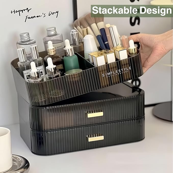 Decorcode Makeup Organizer for Vanity, Large Desk Organizer with Stackable Drawer for Cosmetics, Skincare, Lipsticks, Palette, Nail Care, Ideal Storage for Dresser and Bathroom Countertop- Black