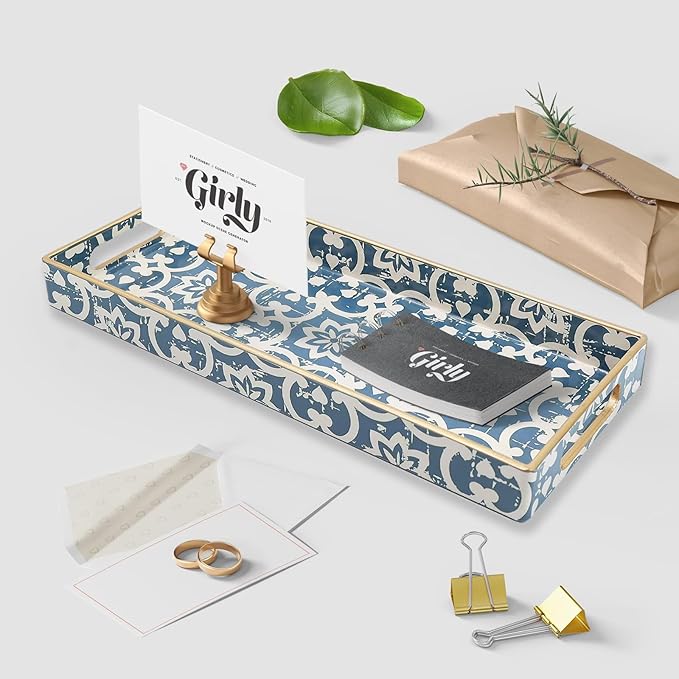 Leemxiiny Bathroom Vanity Tray for Countertop, Small Plastic Toilet Tank Tray Versatile Storage & Organization Tray for Makeup, Perfume, Desk, Kitchen, Candles, 13.7"x6"x1.4", 35Boho1