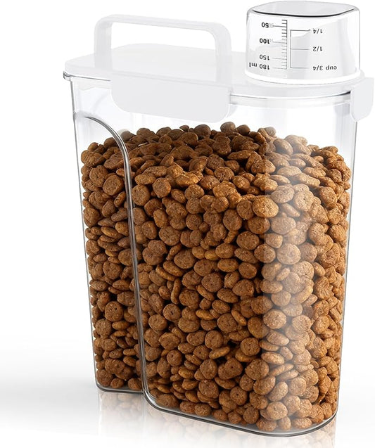 Dog Cat Food Storage Container, 5-7Lbs Pet Food Containers, Airtight Cat Food Container with Portable Handle & Measuring Cup, Small Animal Dry Food Dispenser for Dogs, Cats and Birds White