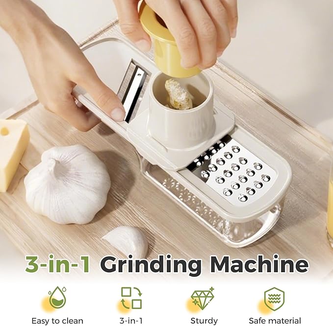 Multifunctional Garlic Grinder, 2026 Upgrade Mini 3 in 1 Garlic Grinder and Slicer, Stainless Steel Garlic Slicer Thin for Household (White)