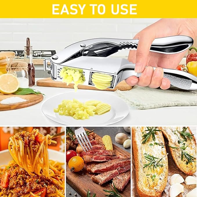 Garlic Press and Slicer 2 in 1, Rust Proof & Dishwasher Safe Professional Garlic Mincer Tool, Effortlessly Crush and Mince Garlic with this Ergonomic Handle-Garlic Slicer & Brush ANCQMI(Silver)