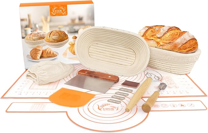 UDUK Sourdough Starter Kit - Bread Proofing Basket Set with 9.6" Oval Banneton Baskets x2, Silicone Bread Sling Baking Mat, Whisk Cutter Scraper Lame - Ideal Sourdough Bread Baking Supplies