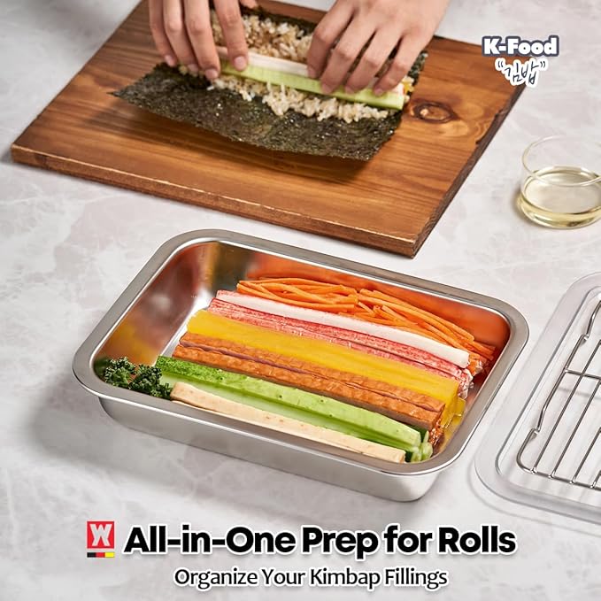 Stainless Steel Food Prep Container Set with Rack & Transparent Lid, Casserole, Bake Pan, Hotel Pan, For Deep Frying Prep/Marination/Oven Roasting/Buffet Party(No.2)