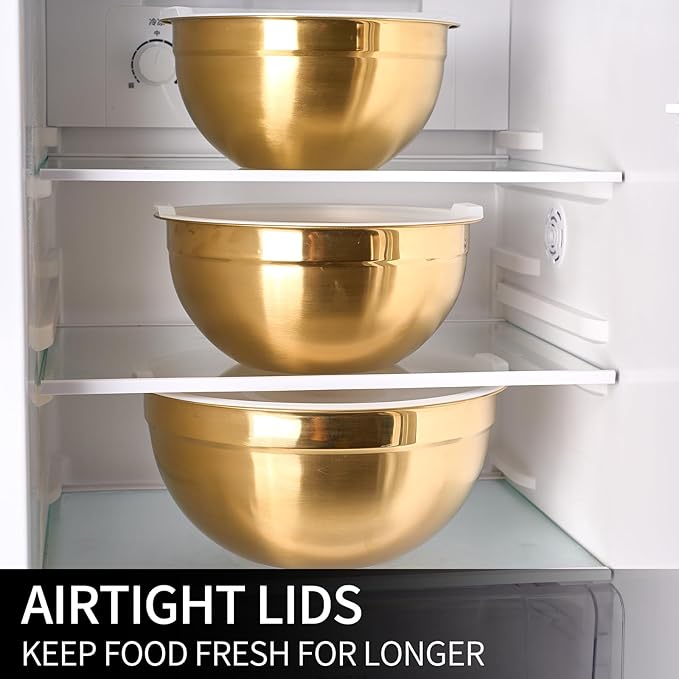 LKTDYMEG Gold Mixing Bowls with Lids Set of 7, Stainless Steel Nesting Bowl with Khaki Lid for Non-slip Mixing Prepping Storing Serving, 7 Sizes-7/3.6/2.7/2.1/1.5/1/0.8 QT