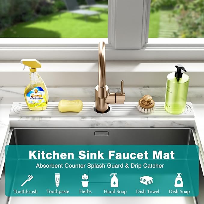 Stone Faucet Mat for Kitchen Sink - Quick Dry Diatomite Sink Splash Guard, Prevents Moisture Buildup & Water Stains, Water Absorbing Stone Tray for Bathroom Countertop (White, 30" x 4")