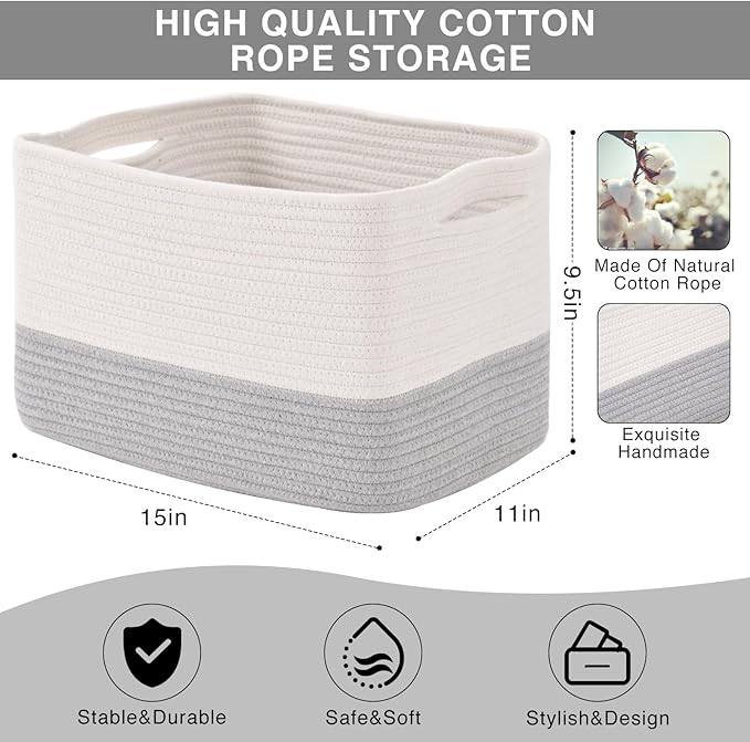 ICERZCZ Storage Baskets for Organizing Shelves, Woven Cotton Rope Bins for Baby Nursery Organization, Book Toy Towel Organizer, 15"x11"x9.5", 3 Packs, Off White & Grey