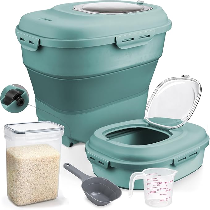 Rice Storage Bin Cereal Containers, 13-50lb Collapsible Rice Container Dispenser with Transparent Lid, Rolling Wheels, Measuring Cup and Scoop, Airtight Dog Cat Pet Food Storage Container Green