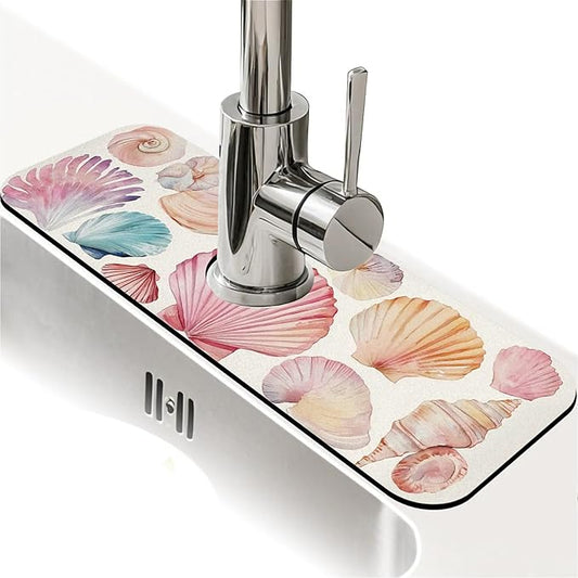 Kitchen Sink Splash Guard，watercolor seashells Faucet Mat Sink Gadgets-Super Absorbent Fast Drying Mat Drip Catcher for Kitchen, Bathroom,Sink Mat, Dish Drying Mat, Bathroom(15" X 5.5" )