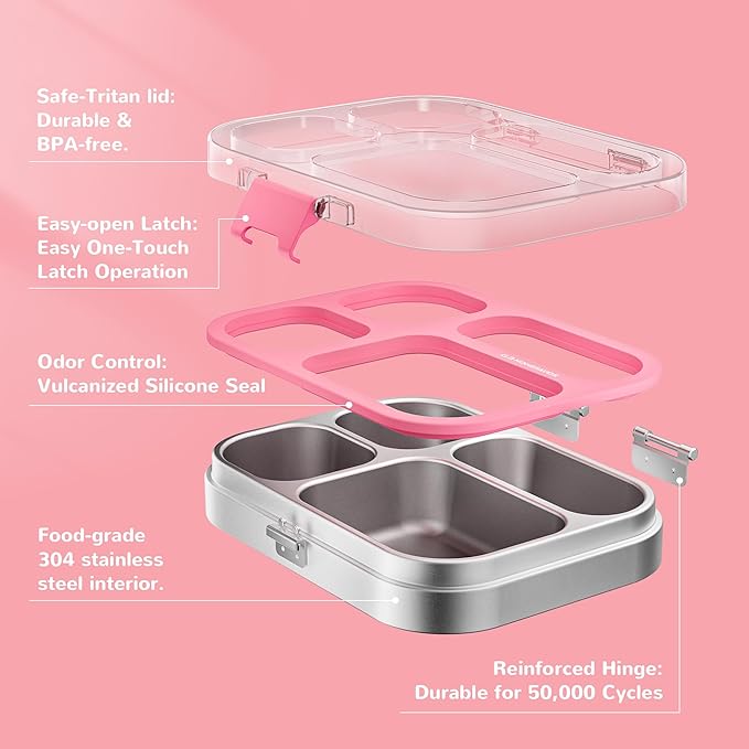 G.a HOMEFAVOR Stainless Steel Lunch Box - 4 Compartments Bento Box for Kids, Leakproof Metal Food Container for School, Office, Dishwasher Safe, Shatterproof, 27 oz, Pink