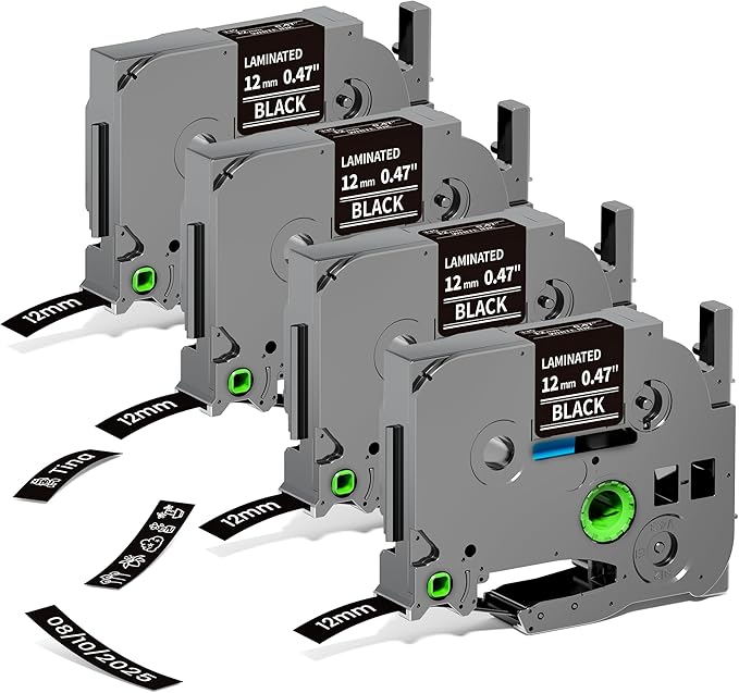 Label Maker Tape Black Replacement for Brother TZe-335 TZe335 Laminated P Touch Label Maker Tape White on Black TZe TZ 12mm 0.47 Laminated for Brother PT-D210 PT-D220 PT-H110 PT-D400 PT-D600, 4-Pack