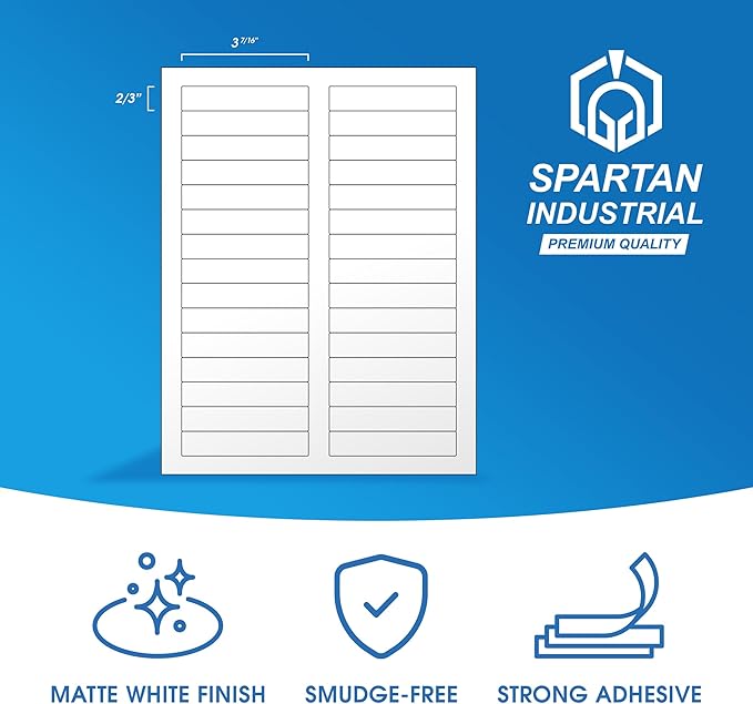3 7/16" X 2/3" Matte White Printable Labels for Inkjet and Laser Printers - 100 Sheets, 3000 Custom Stickers, File Folder Labels, Return Address Stickers, Price Tags - Spartan Industrial Template R012