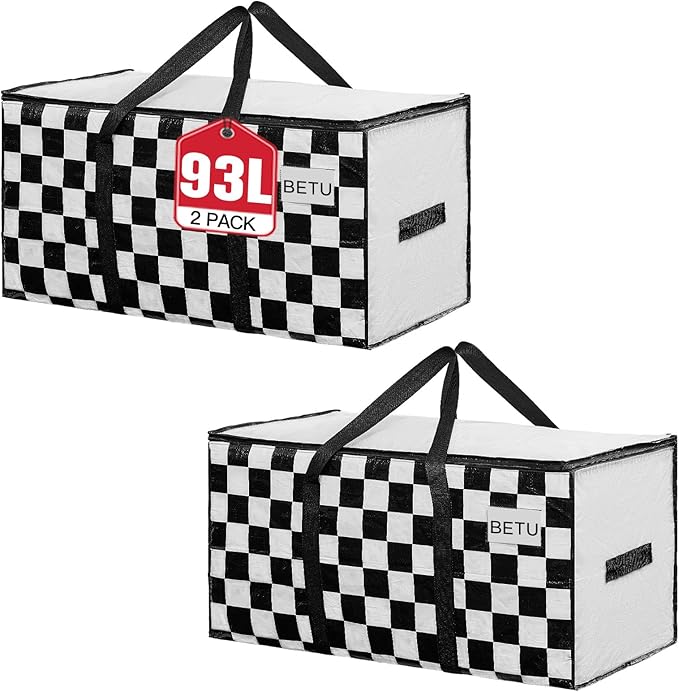 Extra Large Moving Bags Heavy Duty Storage Bags with Zipper Handles, BETU 2 Pack Clothes Storage Totes Bins Packing Moving Boxes, Moving Supplies for College Dorm Essentials, Space Saving,White Plaid