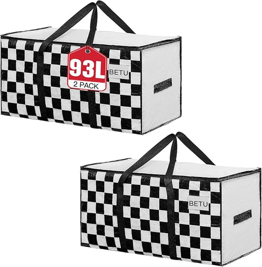 Extra Large Moving Bags Heavy Duty Storage Bags with Zipper Handles, BETU 2 Pack Clothes Storage Totes Bins Packing Moving Boxes, Moving Supplies for College Dorm Essentials, Space Saving,White Plaid