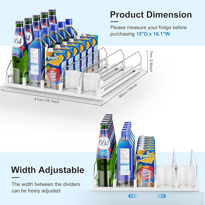 Drink Organizer for Fridge,5 Rows Fridge Soda Can Organizer,20oz 16oz 12oz-Self Pushing Soda Dispenser for Fridge,Adjustable Width-Holds up to 25 Cans,White